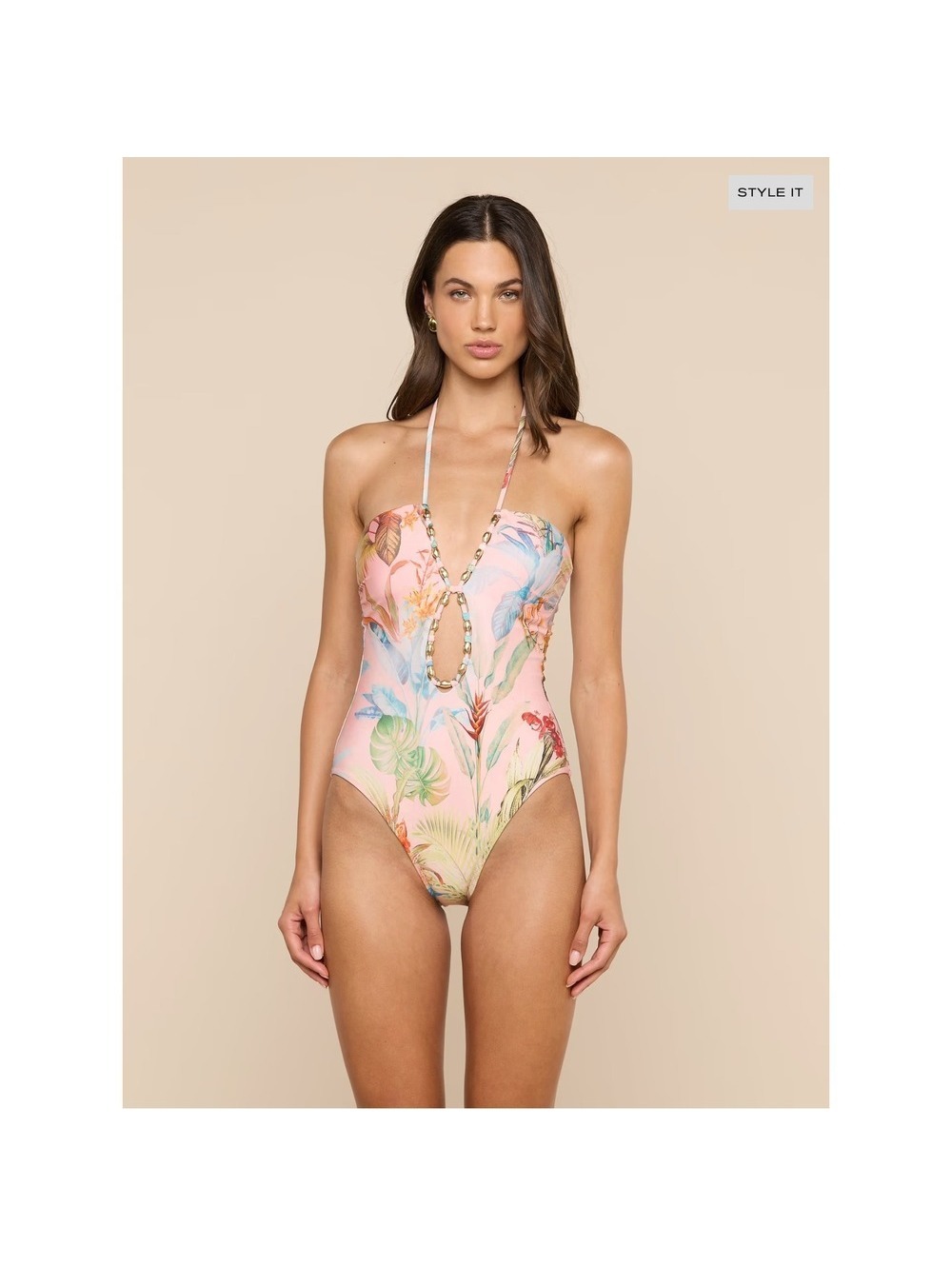 L'AGENCE Opus Halter One-Piece Swimsuit Pink Multi Colorful Palm Size M